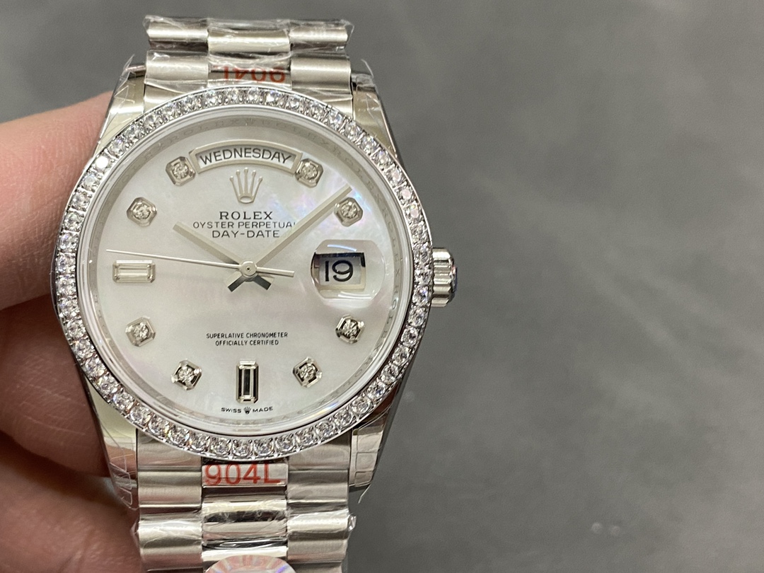 Replica Rolex Day-Date 128349RBR White Mother of Pearl Dial Diamond Bezel 36MM Lady Watch - QualitySwissReplica