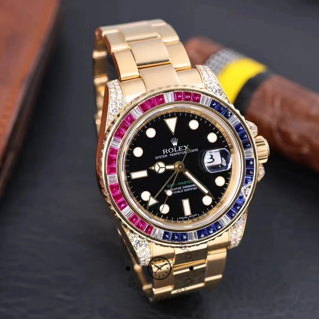 Replica Rolex GMT-Master II 116758 Oyster Bracelet Black Dial Diamonds 40mm Mens Watch - QualitySwissReplica