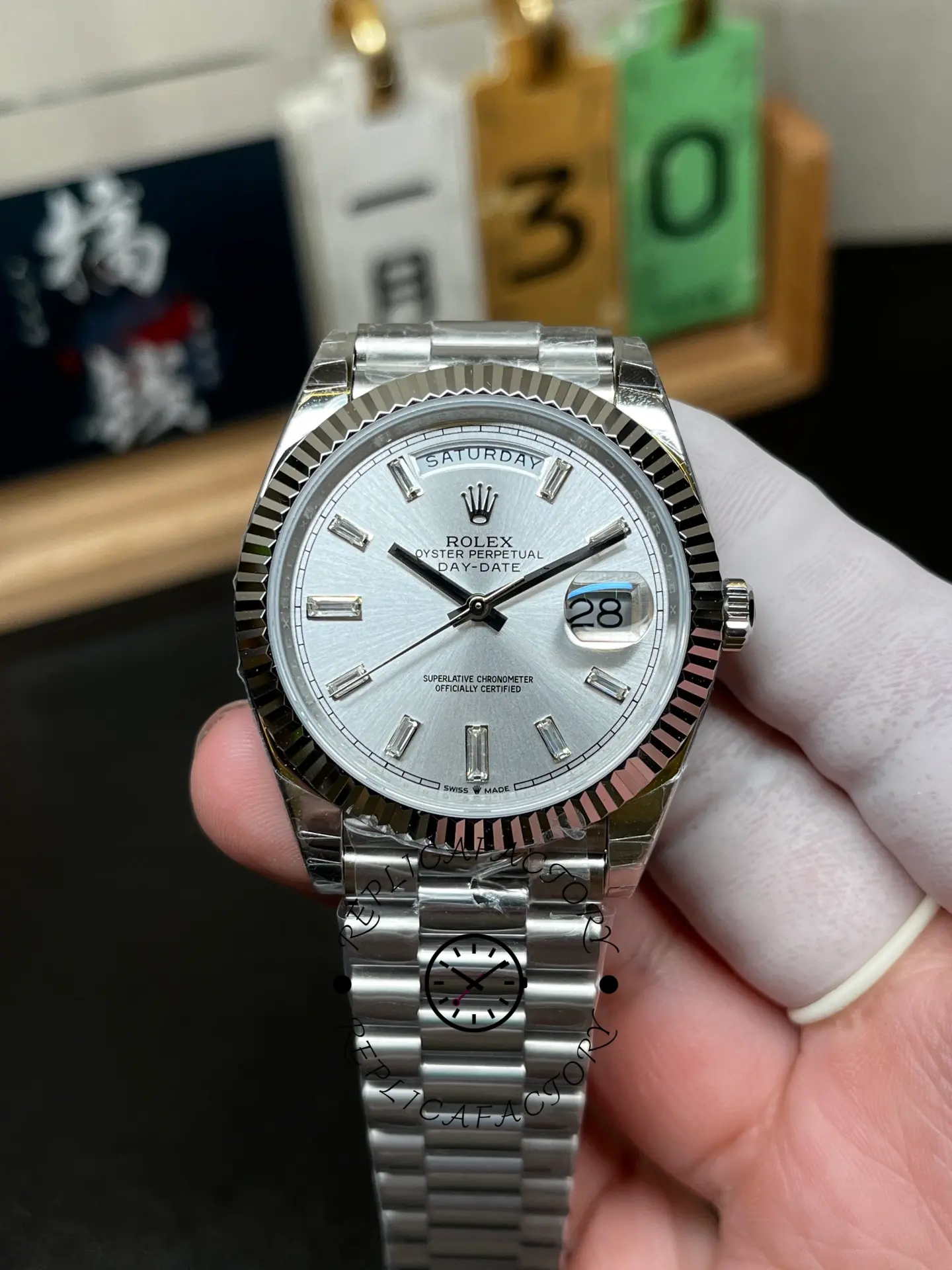 Replica Rolex Day-Date 228239 Silver Baguette Diamond Dial Fluted Bezel 40mm Mens Watch - QualitySwissReplica