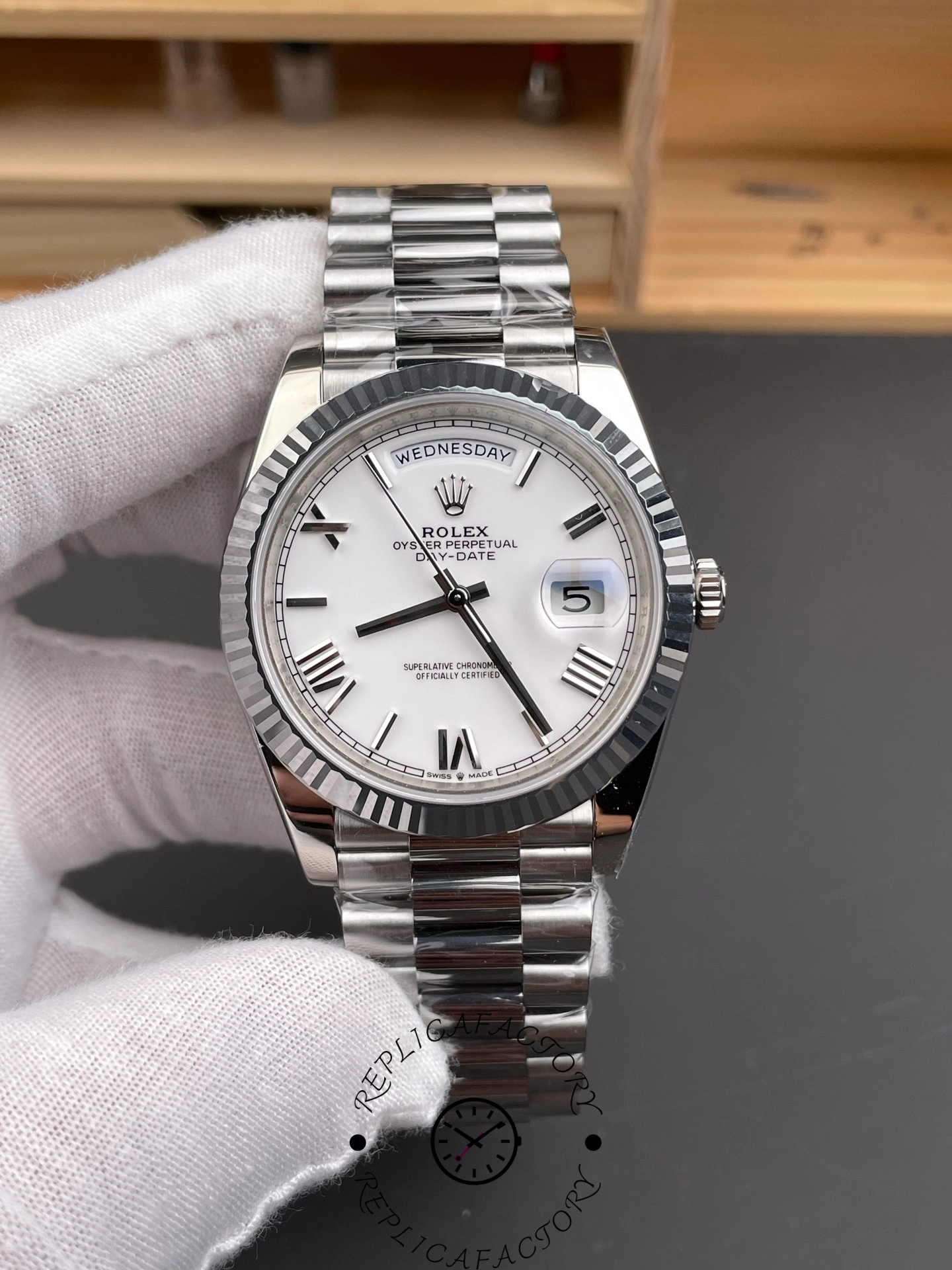 Replica Rolex Day-Date 228239 White Roman Dial Fluted Bezel 40mm Mens Watch - QualitySwissReplica