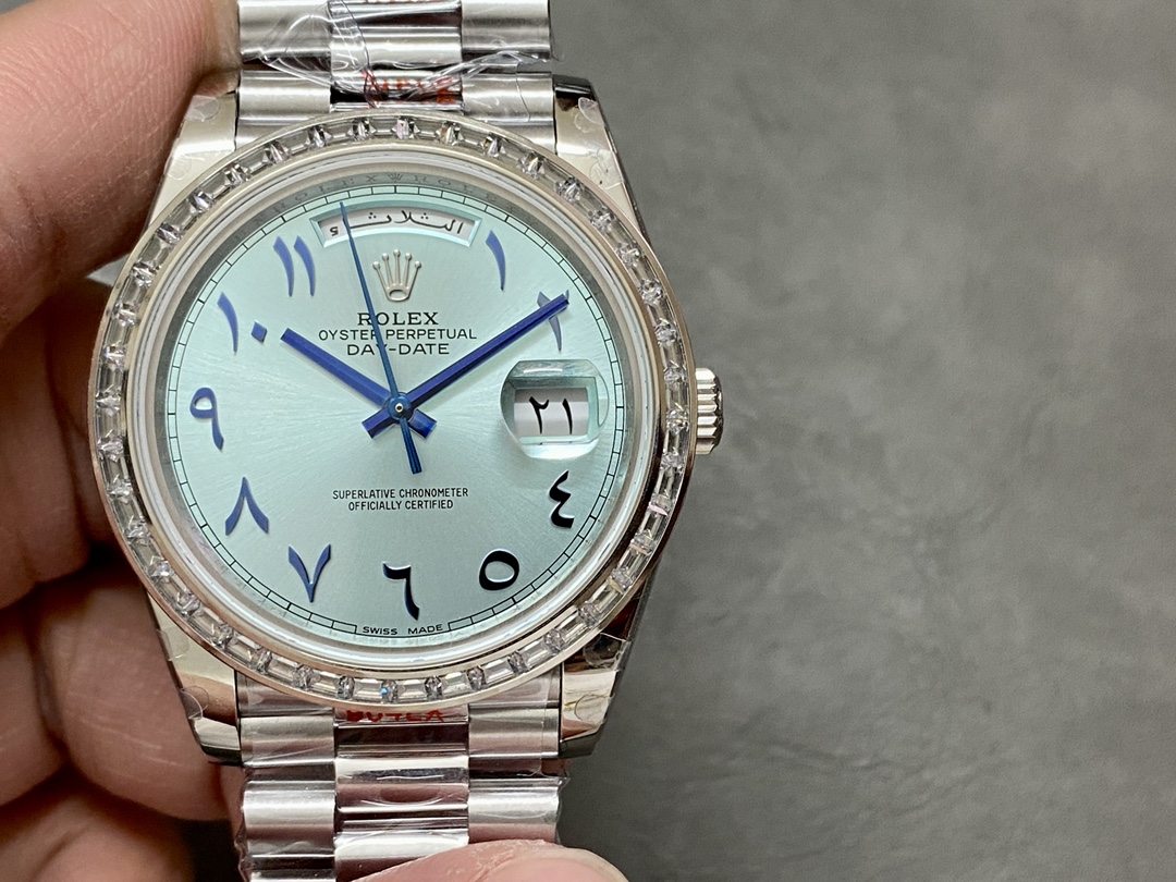 Replica Rolex Day-Date 40mm Platinum Ice Blue Arabic Dial Diamond Bezel 228396TBR Men's Watch - QualitySwissReplica