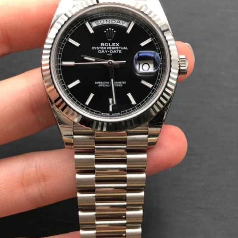 Replica Rolex Day-Date 228239 Black Index Dial Fluted Bezel 40mm Mens Watch - QualitySwissReplica