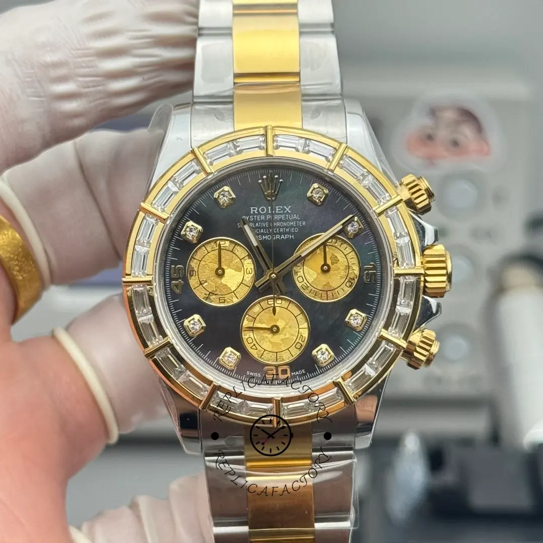 Replica Rolex Daytona Cosmograph 116568BR 40 Yellow Gold Black MOP Dial - QualitySwissReplica
