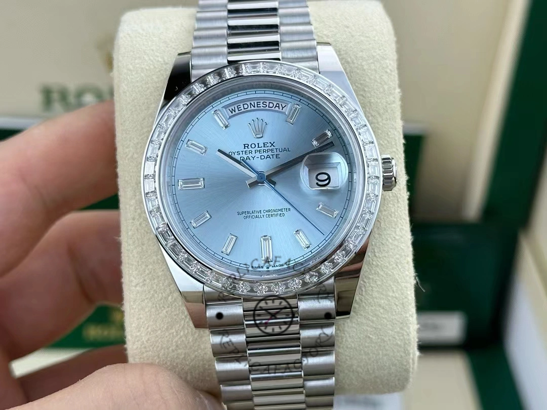 Replica Rolex Day-Date 228396TBR Ice Blue Diamond Dial Diamond Bezel 40mm Mens Watch - QualitySwissReplica