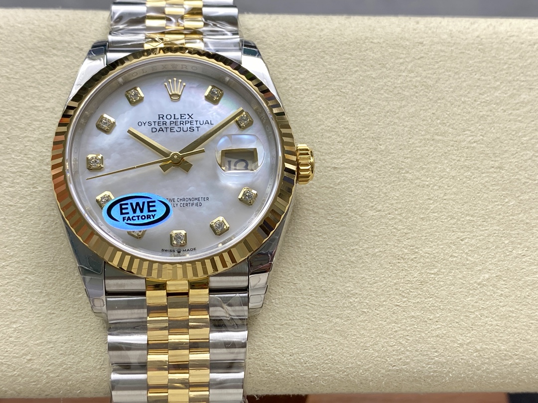 Replica Rolex Datejust 126233 White MOP Diamond Dial Fluted Bezel 36MM Unisex Watch - QualitySwissReplica