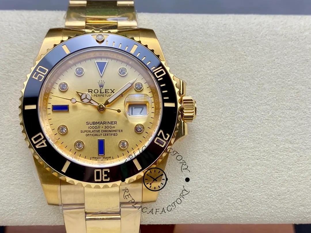 Replica Rolex Submariner 40 18k Champagne Diamond Dial Black Bezel 16613T Gold Watch - QualitySwissReplica