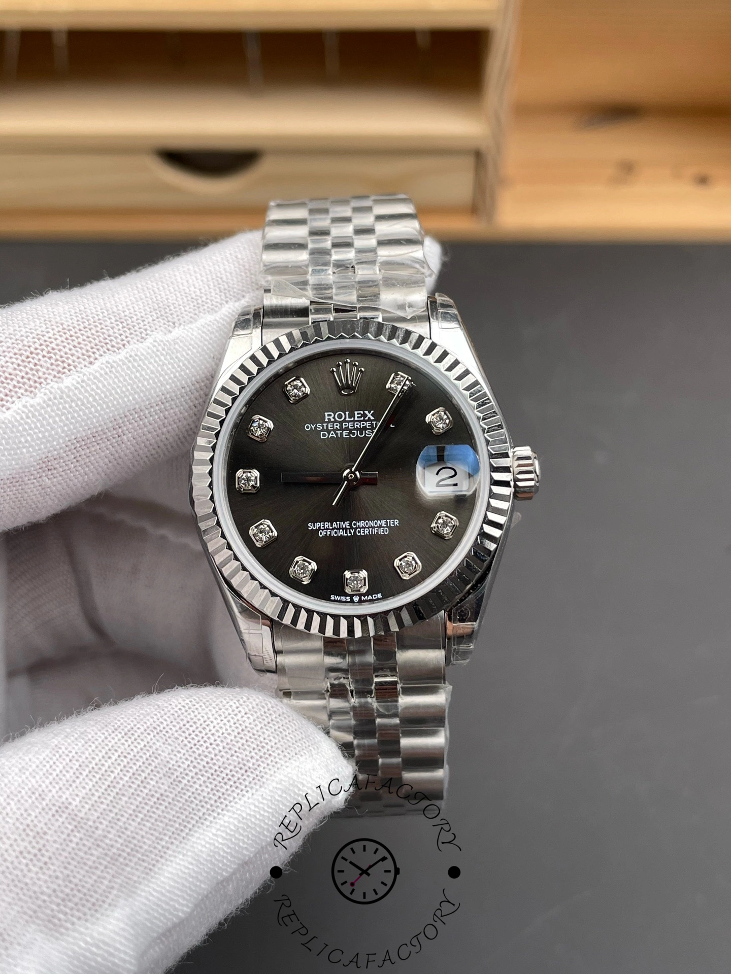 Replica Rolex Datejust m178274 Black Diamond Dial Fluted Bezel 31MM Lady Watch - QualitySwissReplica