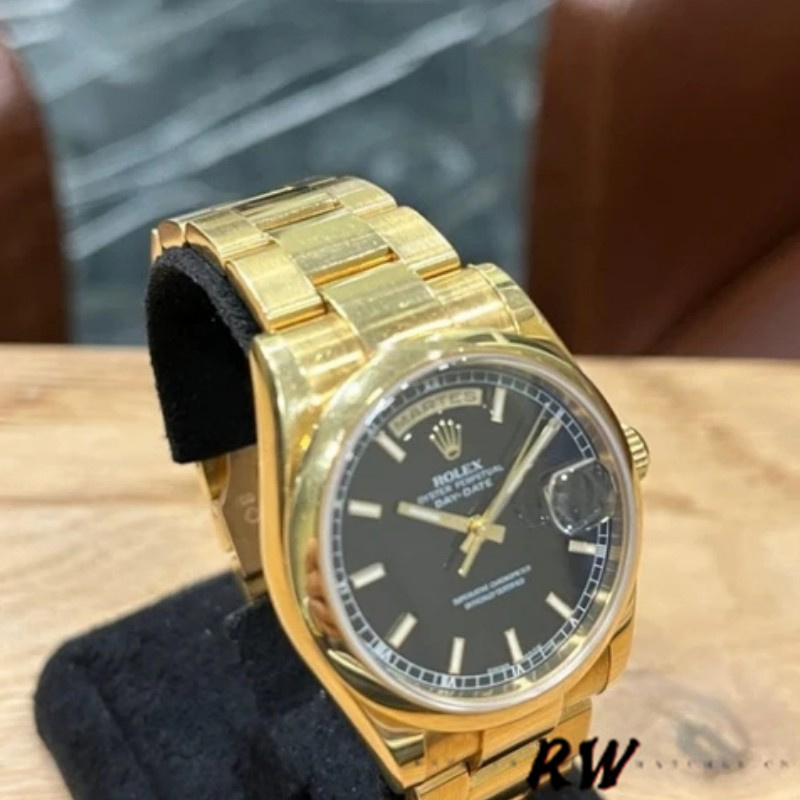 Replica Rolex Day-Date 118208 Black Arab Dial Yellow Gold 36mm Unisex Watch - QualitySwissReplica