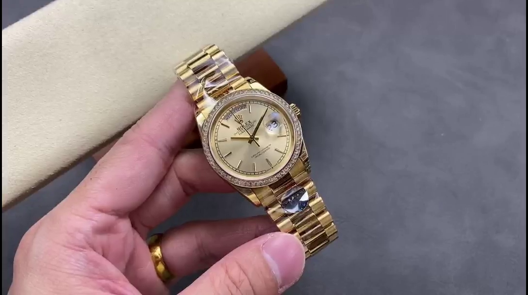 Replica Rolex Day Date 36 Yellow Gold Champagne Dial Diamond Bezel m128348rbr 0026 - QualitySwissReplica