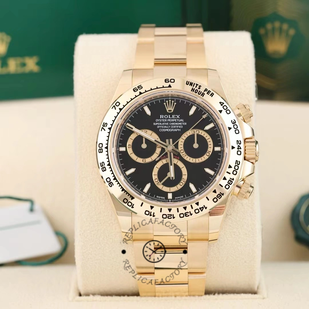 Replica Rolex Daytona 40mm Yellow Gold Oyster Bracelet with Black Stick Dial 126508 0004 - QualitySwissReplica