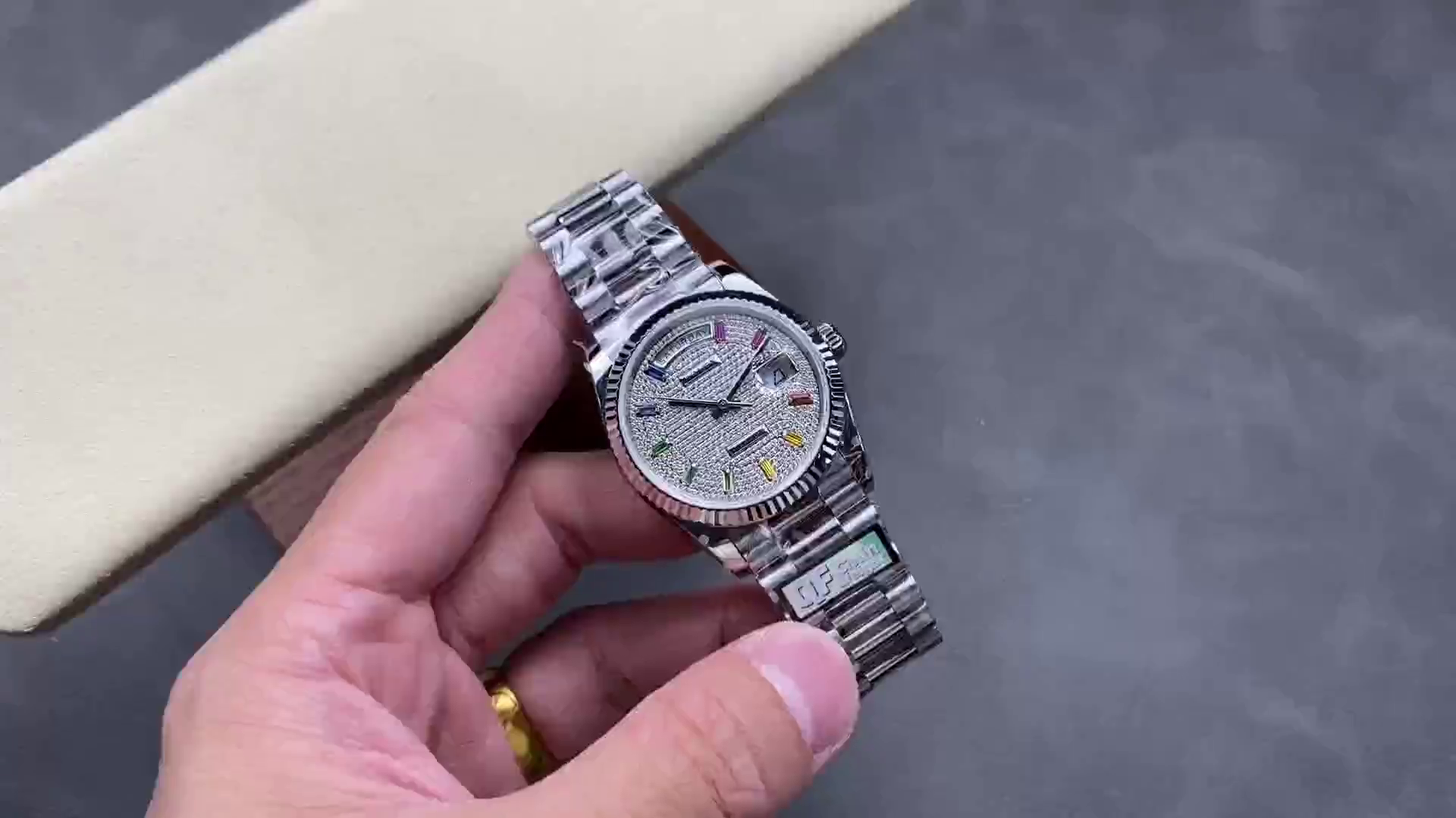 Replica Rolex Day Date 36mm White Gold 128239 0016 Pave Rainbow Diamond Dial - QualitySwissReplica
