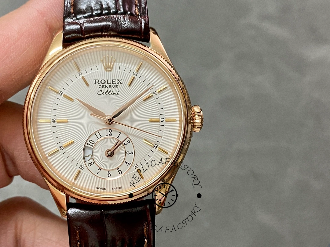 Replica Rolex Cellini Dual Time 50525 Silver Dial Brown Leather Strap 39mm Mens Watch - QualitySwissReplica