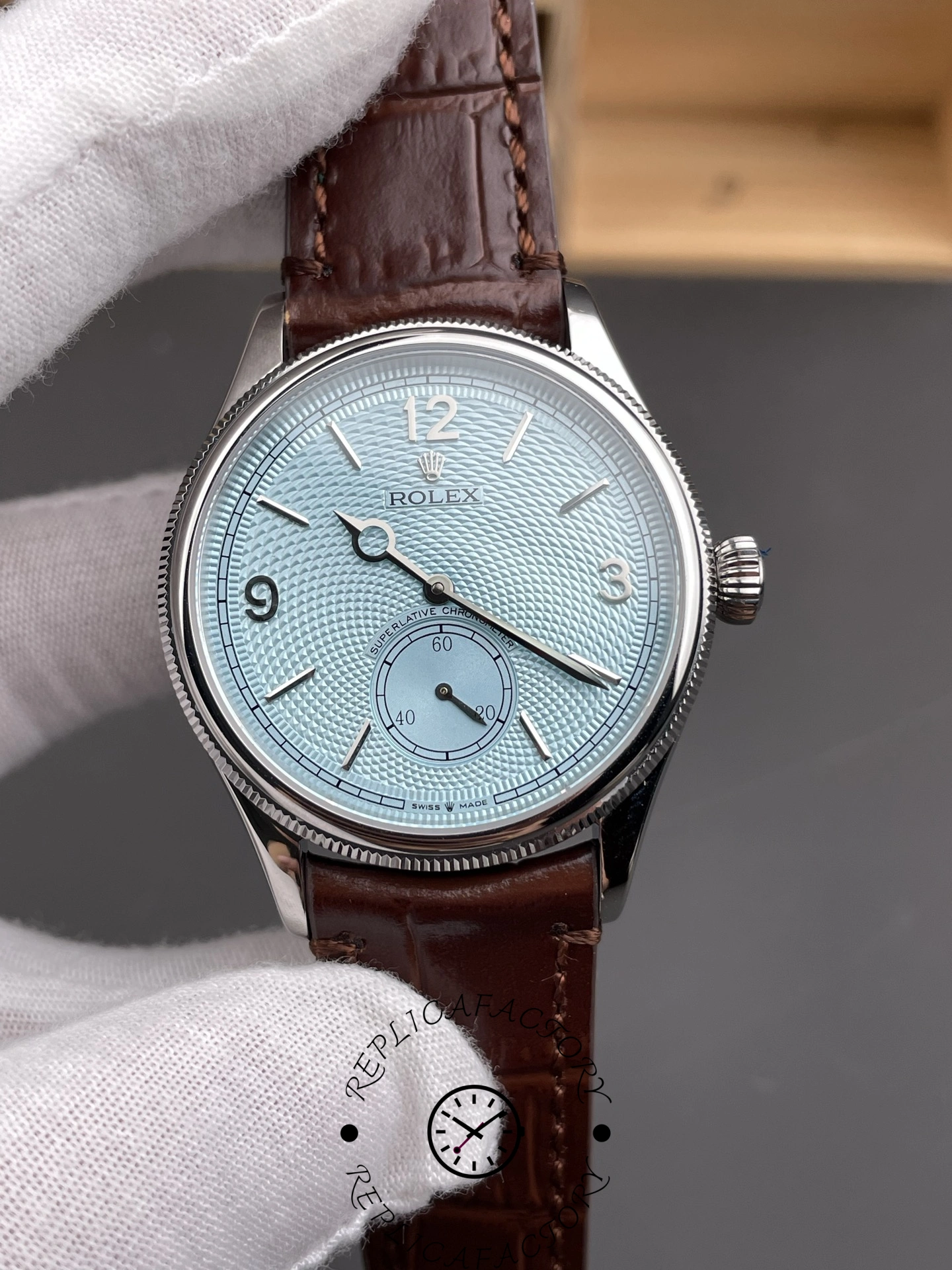 Replica Rolex 1908 52506 0002 Ice Blue Dial Brown Leather Strap 39 mm Watch - QualitySwissReplica