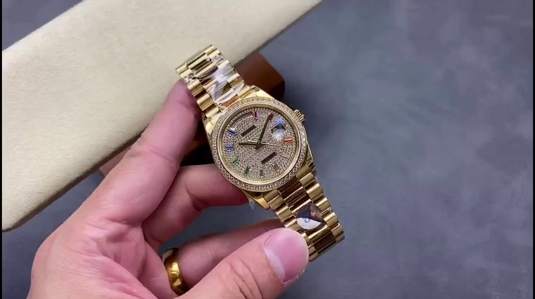 Replica Rolex Day Date 36mm Yellow Gold 128348RBR 0030 Pave Rainbow Diamonds Sapphires Dial - QualitySwissReplica