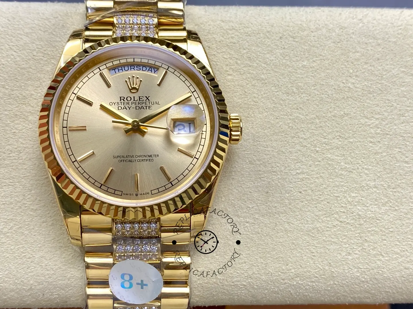 Replica Rolex Day-Date 128238 0046 Champagne Dial 36mm Fluted Bezel - QualitySwissReplica