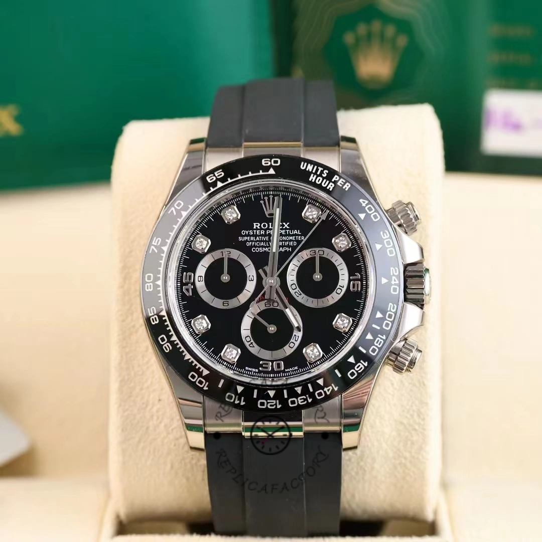 Replica Rolex Daytona 116519 White Gold Automatic Black Dial Diamonds 40mm Mens Watch - QualitySwissReplica
