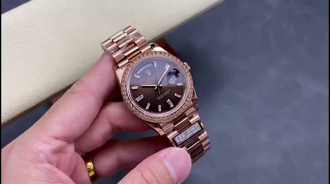 Replica Rolex Day-Date 228345RBR Chocolate Brown Diamond Dial Diamond Bezel 40mm Mens Watch - QualitySwissReplica