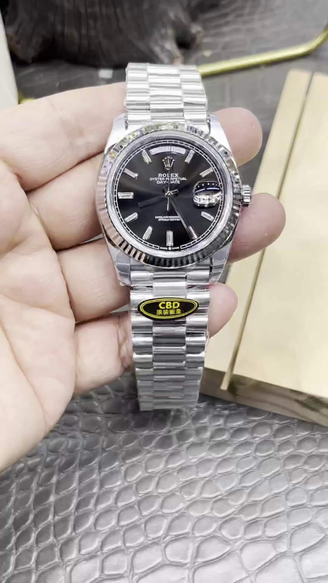 Replica Rolex Day-Date 40mm 228239 0005 Black Diamond Dial Fluted Bezel Mens Watch - QualitySwissReplica
