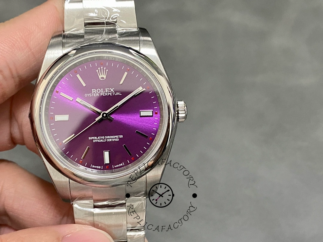 Replica Rolex Oyster Perpetual Air-King 114200 Grape Red Index Dial 34mm Unisex watch - QualitySwissReplica