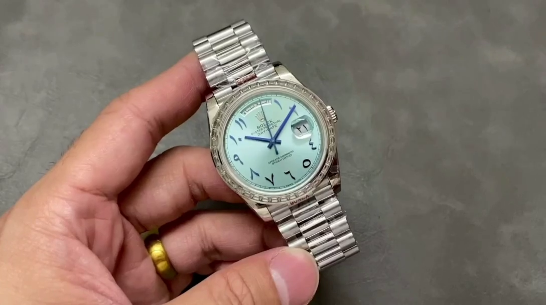 Replica Rolex Day-Date 40mm Platinum Ice Blue Arabic Dial Diamond Bezel 228396TBR Men's Watch - QualitySwissReplica