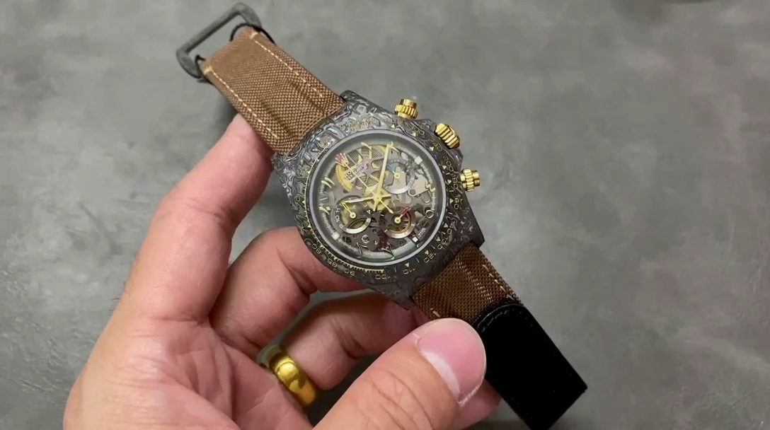 Replica Rolex Daytona Cosmograph DIW Carbon Case Skeleton Dial Brwon Nylon Strap - QualitySwissReplica