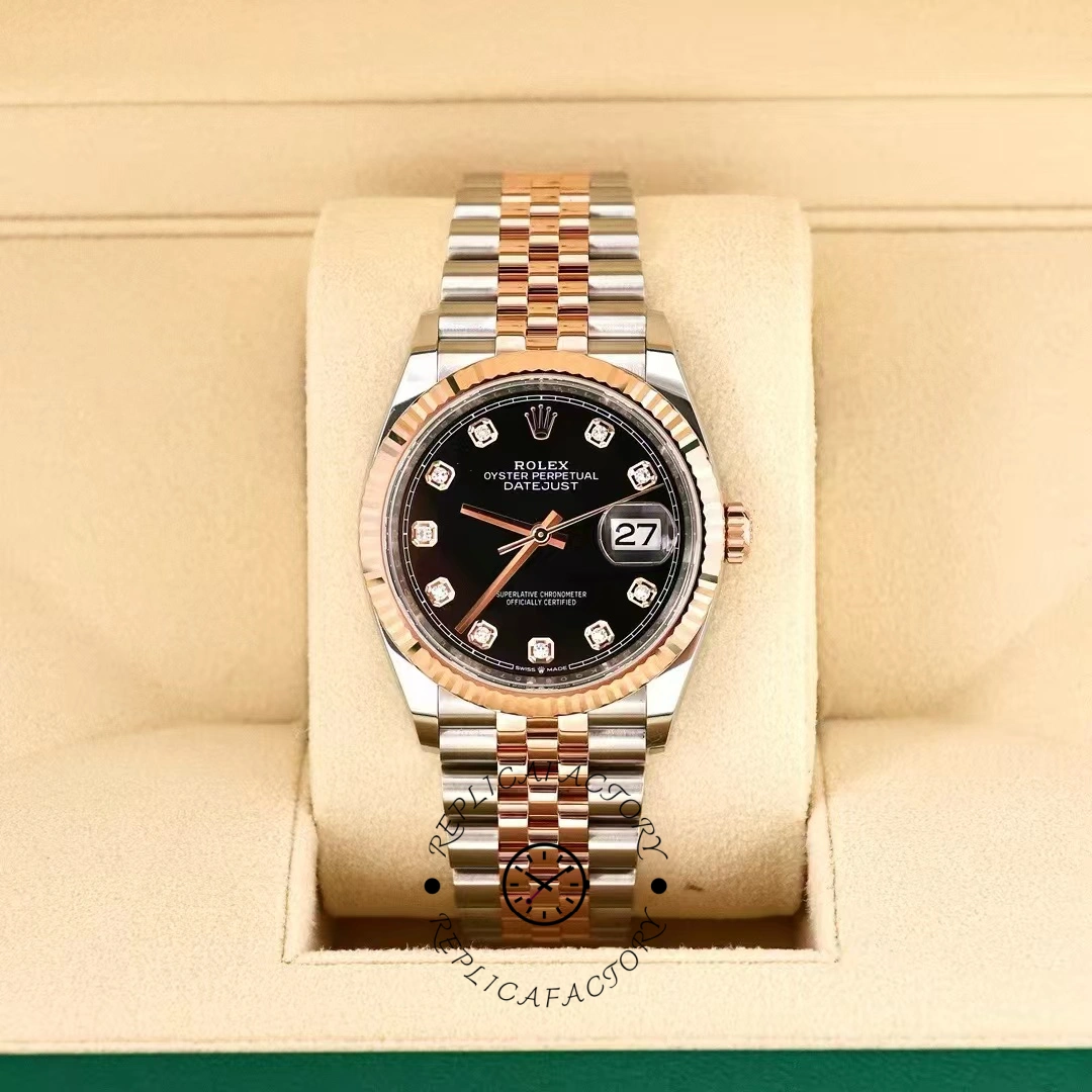 Replica Rolex Datejust 36 Everose Gold Black Diamond Dial M126231 0019 Women's Watch - QualitySwissReplica