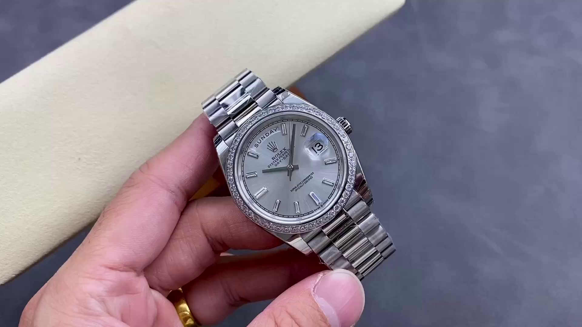 Replica Rolex Day-Date 228349RBR Silver Dial Diamond Bezel 40mm Mens Watch - QualitySwissReplica