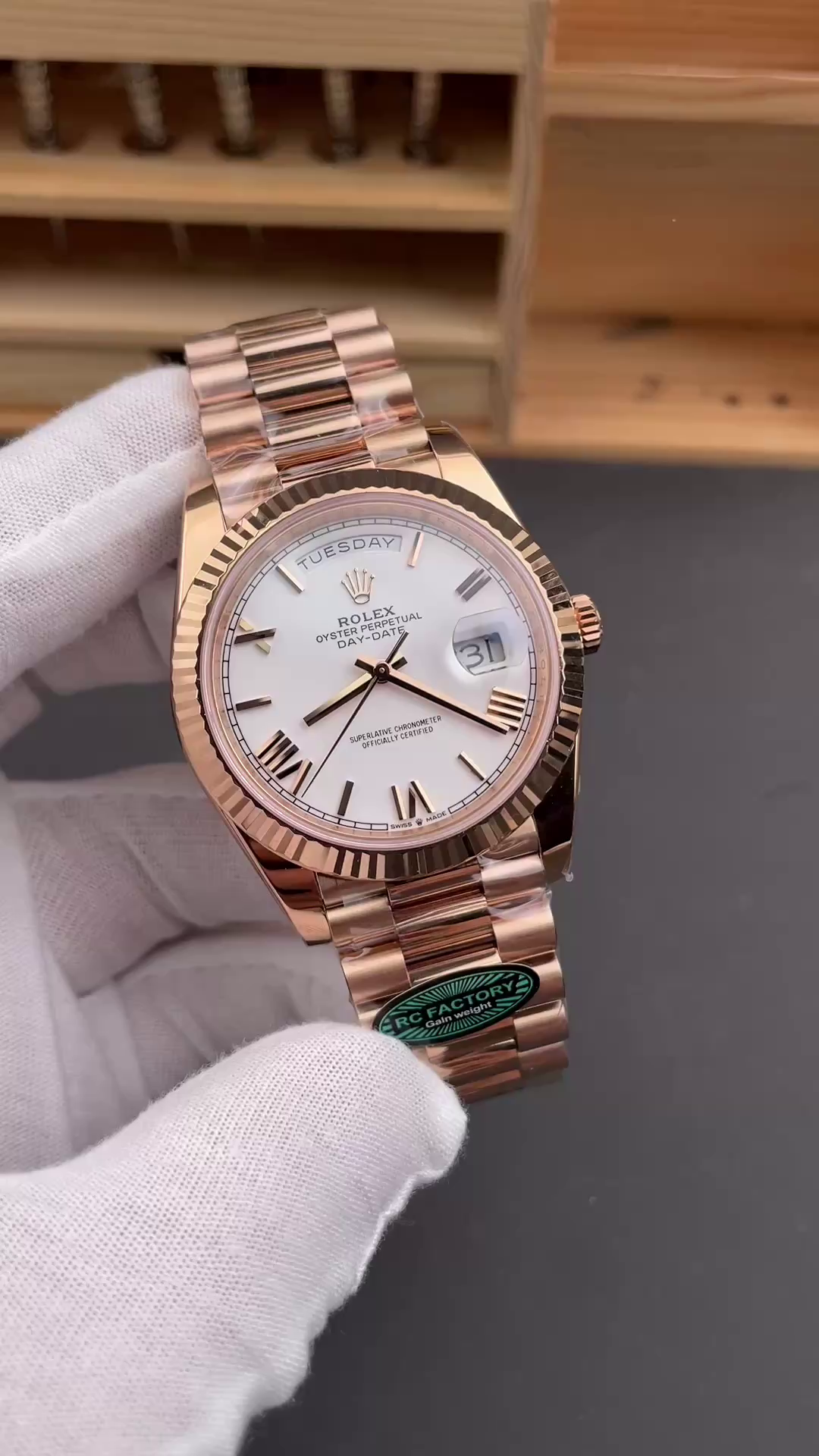Replica Rolex Day-Date 228235 White Roman Numeral Dial Fluted Bezel 40mm Mens Watch - QualitySwissReplica