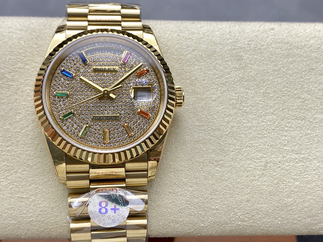 Replica Rolex Day Date 36mm Yellow Gold 128238 0051 Pave Rainbow Diamond Dial Fluted Bezel - QualitySwissReplica