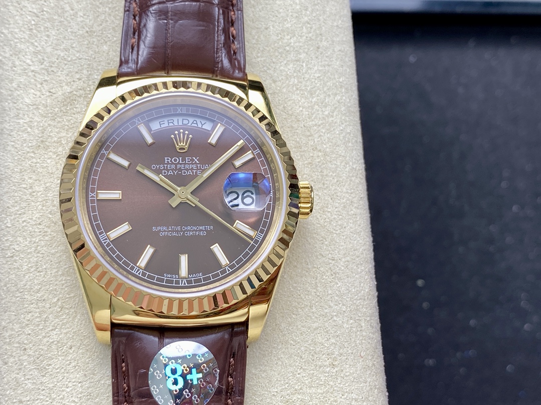 Replica Rolex Day Date 36 Yellow Gold Chocolate Dial 118138 0005 Leather Watch - QualitySwissReplica