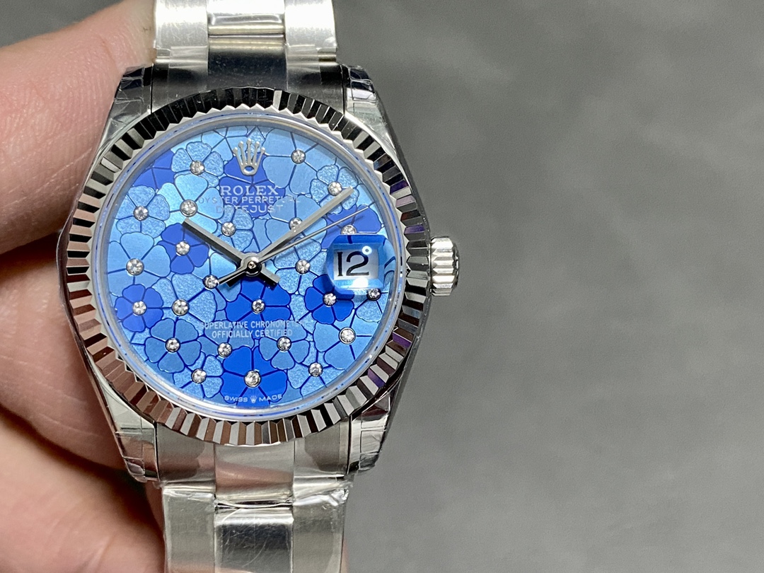 Replica Rolex Datejust 31 Stainless Steel and White Gold Azzuro-Blue-Floral-Motif Diamond Dial m278274-0035 - QualitySwissReplica