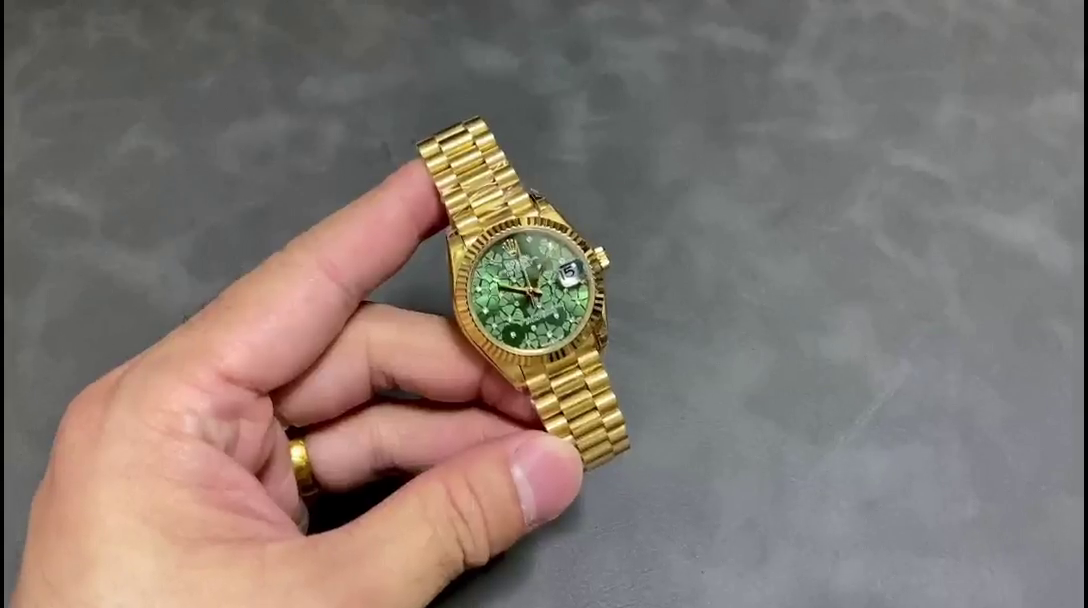 Replica Rolex Datejust 31mm Yellow Gold 278278 Olive Green Floral President m278278 0046 - QualitySwissReplica