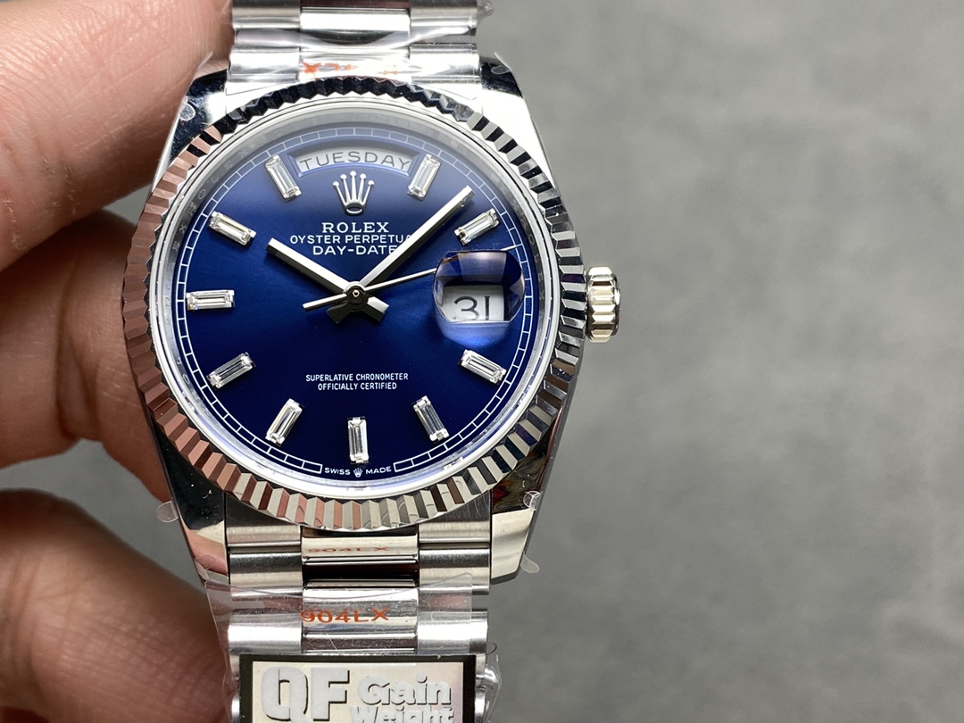 Replica Rolex Day Date 36 36mm Bright Blue Diamond-Set Dial Fluted Bezel Presi m128236 0023 - QualitySwissReplica