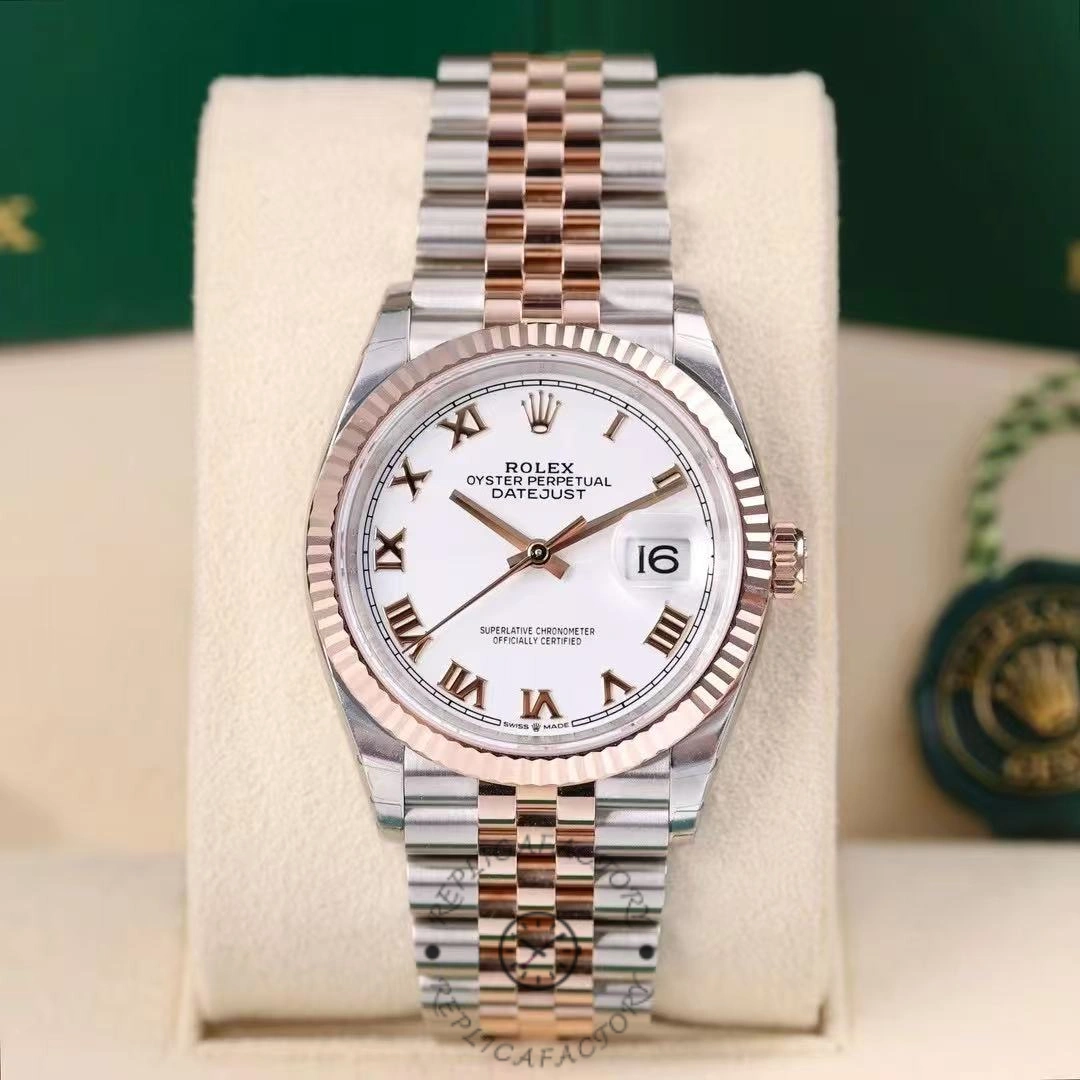 Replica Rolex Datejust m126231 0015 36mm White Roman Steel & Rose Gold Women's Watch - QualitySwissReplica
