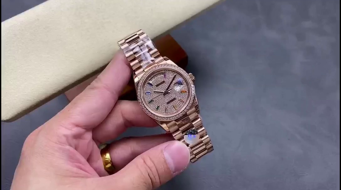 Replica Rolex Day Date 36mm 128345RBR 0042 Diamond Paved Dial President Watch - QualitySwissReplica